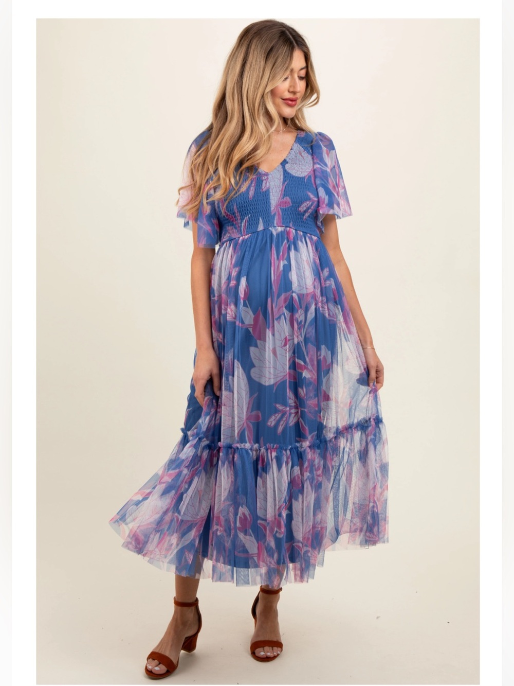 Pink Blush Blue Floral Mesh Maternity Dress